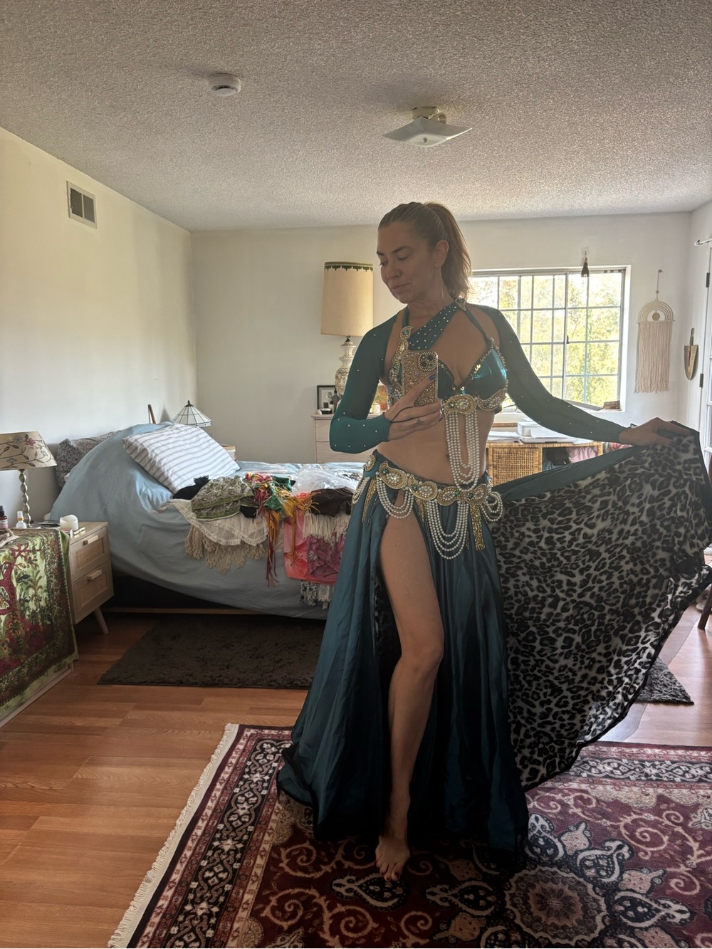 Teal and leopard  professional Belly Dance Costume with pearl Beaded Accents